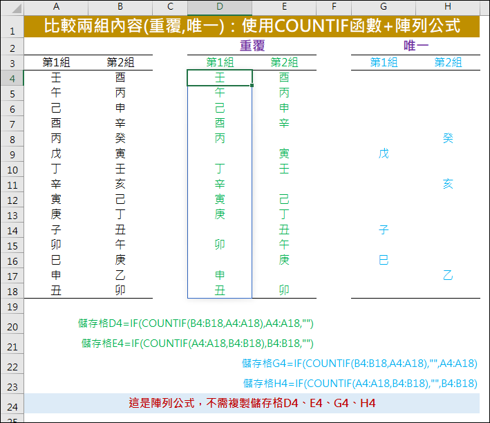 Excel-比較兩組內容的重覆項目和唯一項目