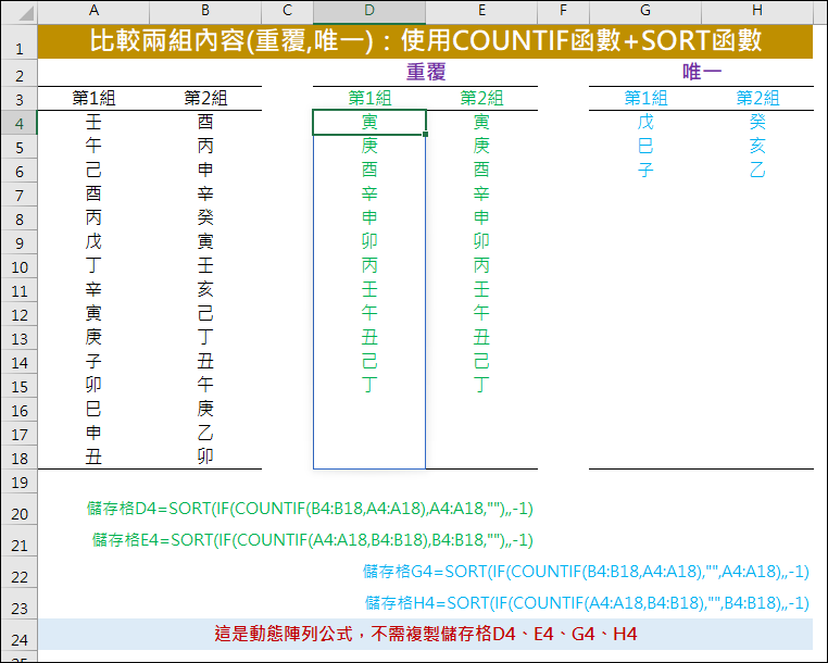 Excel-比較兩組內容的重覆項目和唯一項目