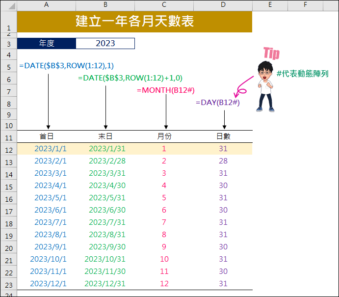 Excel-建立一年各月天數表