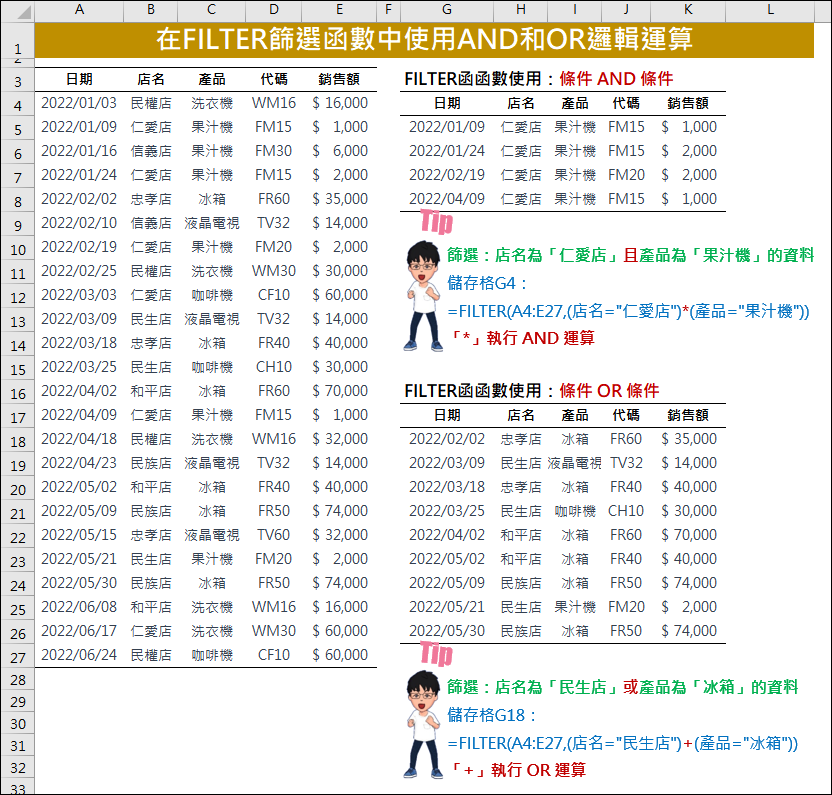 Excel-在FILTER篩選函數中使用AND和OR邏輯運算