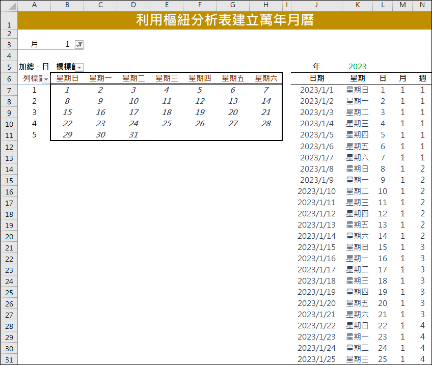 Excel-利用樞紐分析表建立萬年月曆