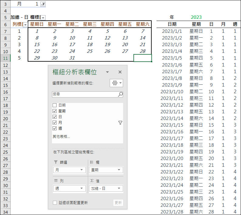 Excel-利用樞紐分析表建立萬年月曆