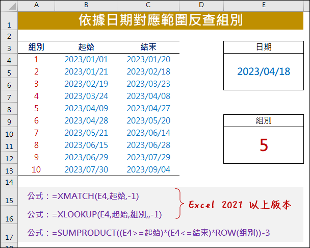 Excel-依據日期對應範圍反查組別