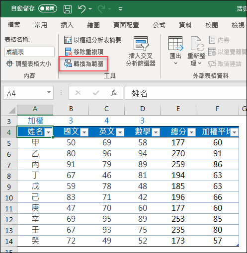 Excel-將儲存格範圍轉換為表格再運算