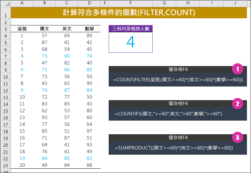 Excel-計算符合多條件的個數(FILTER,COUNT)