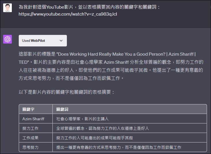 讓ChatGPT和Bing Chat為YouTube影片摘要關鍵字和關鍵詞