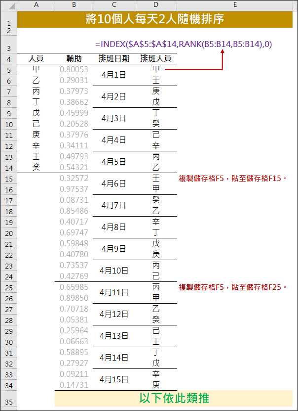 Excel-將10個人每天2人隨機排序(排班) Excel-將10個人每天2人隨機排序(排班)