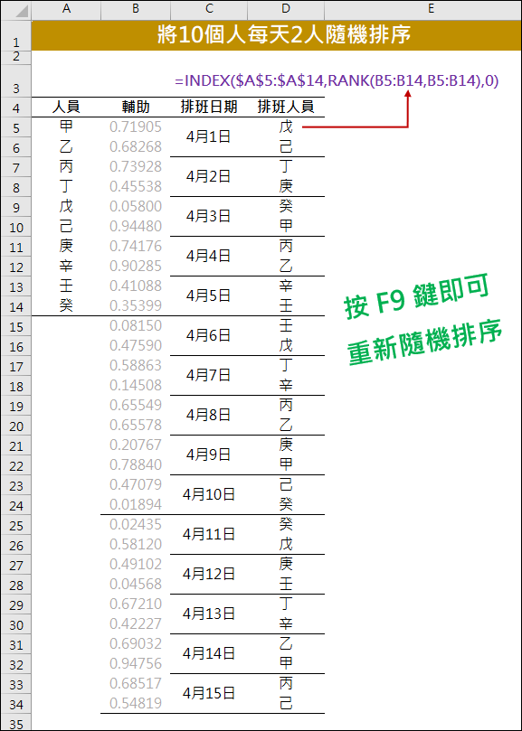 Excel-將10個人每天2人隨機排序(排班)