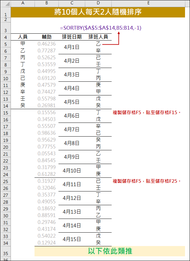 Excel-將10個人每天2人隨機排序(排班)