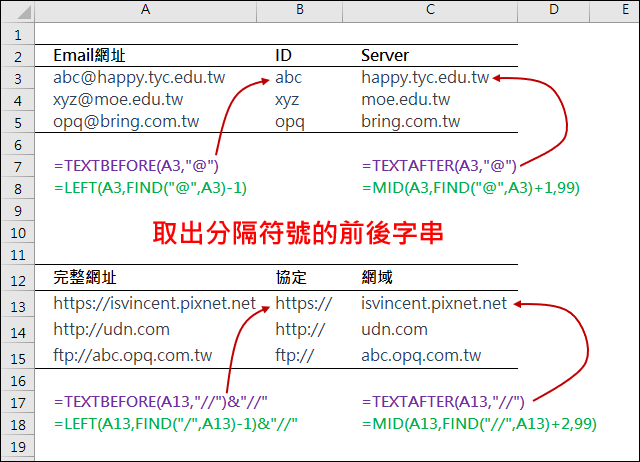 Excel-運用TEXTBEFORE和TEXTAFTER函數取出指定字元前後的文字