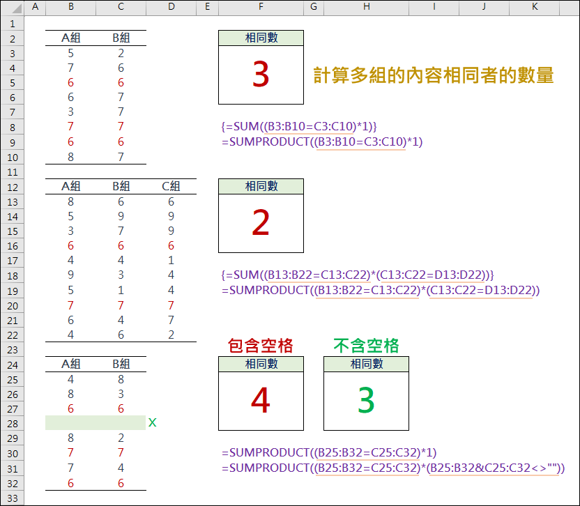 Excel-計算多組的內容相同者的數量