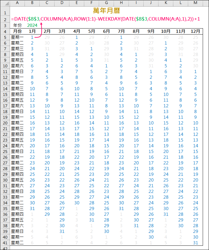 Excel-如何設計一整年含月份、日期、星期的萬年曆？