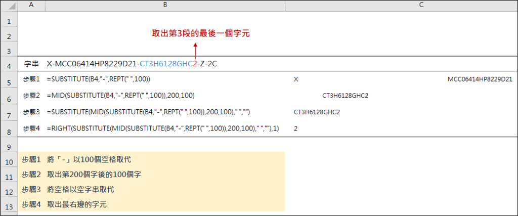 Excel-取出以「-」串接的第N段字串的最後一個字元 Excel-取出以「-」串接的第N段字串的最後一個字元