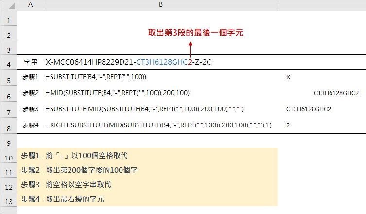 Excel-取出以「-」串接的第N段字串的最後一個字元