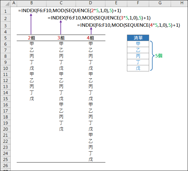 Excel-依清單內容產生指定重複的組數