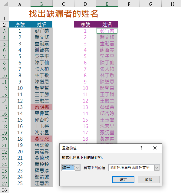 Excel-如何比對二組資料找出缺漏者姓名的多種方法