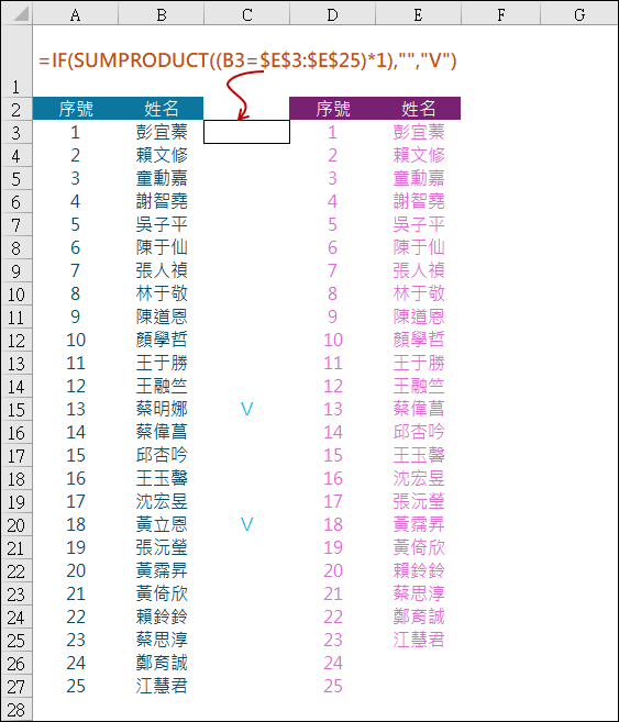 Excel-如何比對二組資料找出缺漏者姓名的多種方法