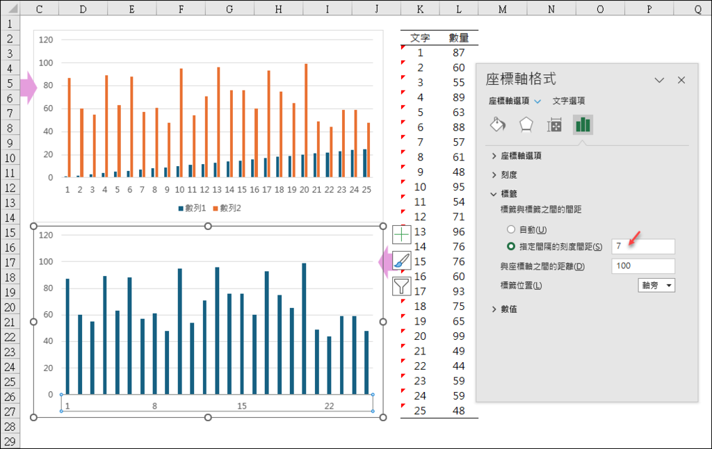 Excel-如何讓統計圖表的X軸刻度依指定數值間隔