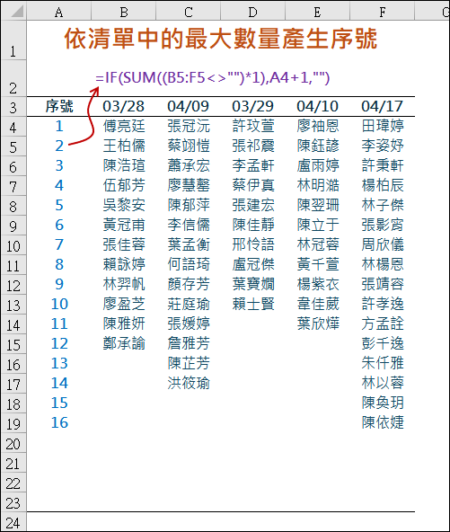 Excel-依清單中的最大數量自動產生序號