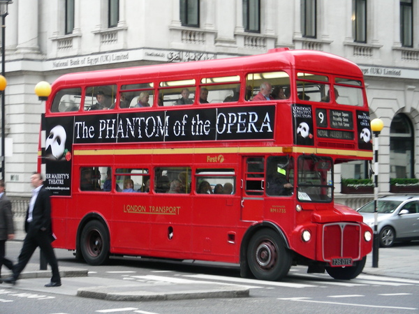 Red Bus with Ads of The Phantom of the Opera in 2009