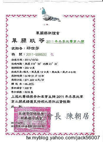 賀本舍阿里銘鴿榮獲2011年冬季南海高雄新興支會綜合冠軍中興532灰母環KHPR-2011-559532 本尊成績證明獎狀證書1