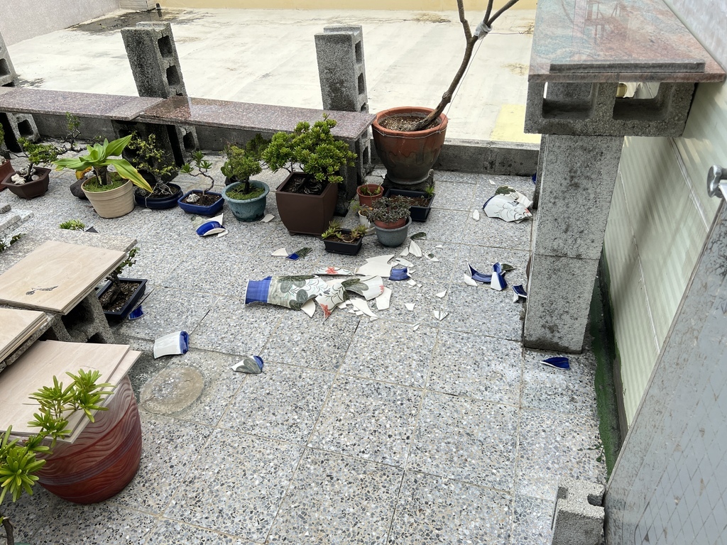 06颱風過後~頂樓花園有盆器被強風吹倒而受損.JPG