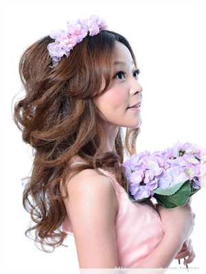 浪漫,大捲髮,花環,V領,粉色禮服,台北新娘秘書,造型創作
