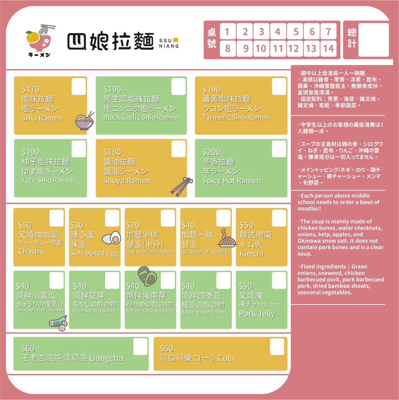 四娘拉麵菜單