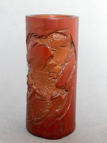 B197清中期子白(張濤)款高浮雕赤壁圖小筆筒(詩筒)3.JPG