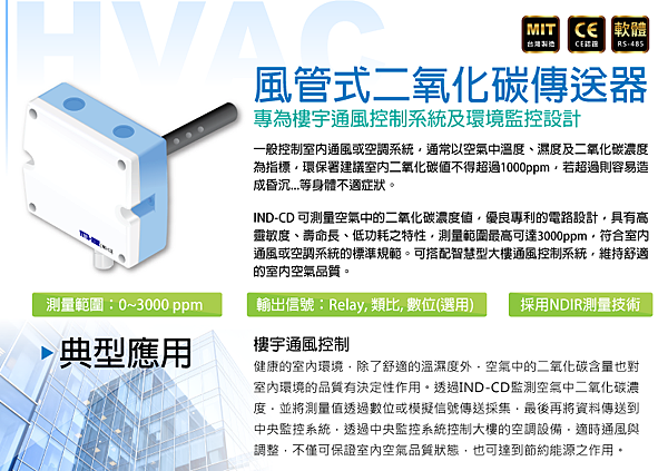 專為HVAC設計-風管式二氧化碳傳送器