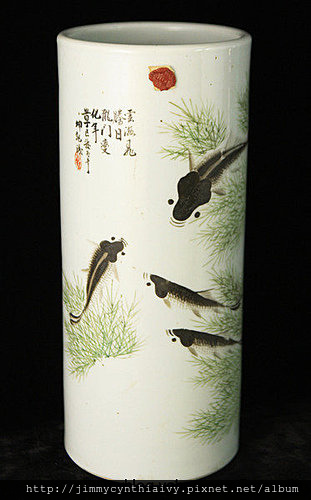 古陶瓷 游魚瓷瓶 款坤記 有火漆印陜 (p040039)