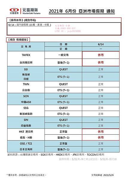 【2021年6月份海期亞洲市場假期//6月台灣期貨市場結算日】