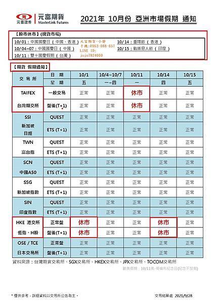 海期專業【2021年10月份海期亞洲市場假期//10月台灣期貨市場結算日】