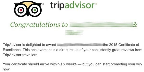 TripAdvisor Certificate of Excellence Winner INFO