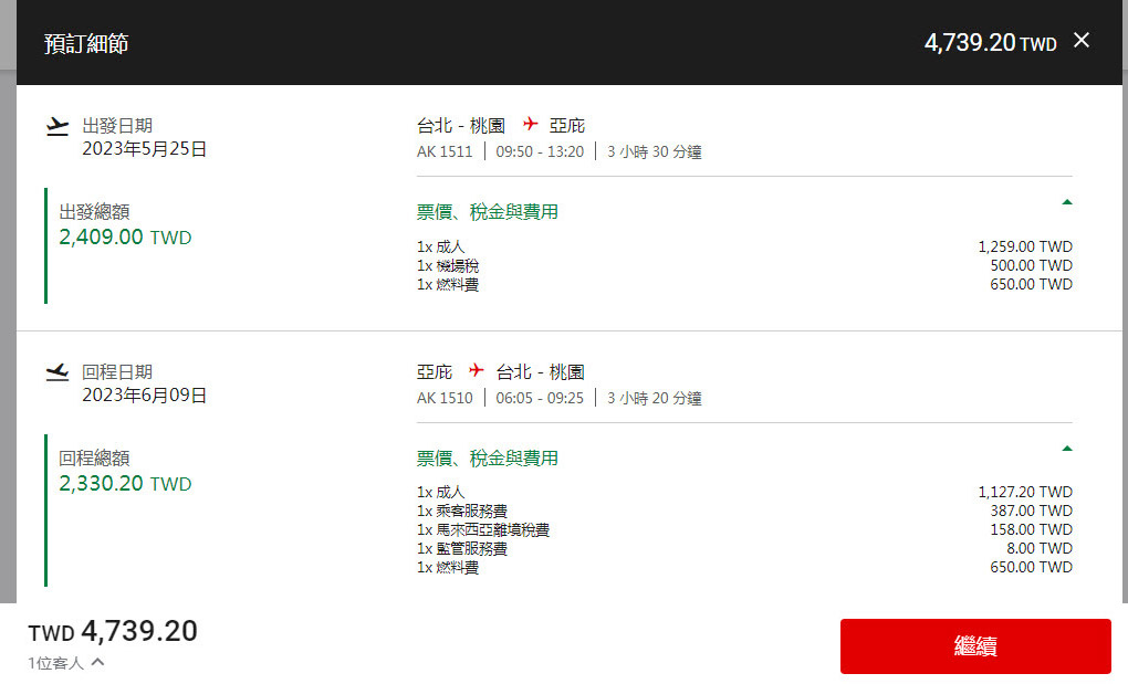亞洲航空AirAsia台北桃園TPE-BKI亞庇機票稅金.jpg