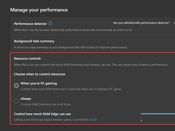 Microsoft Edge瀏覽器允許用家設定最高RAM使用