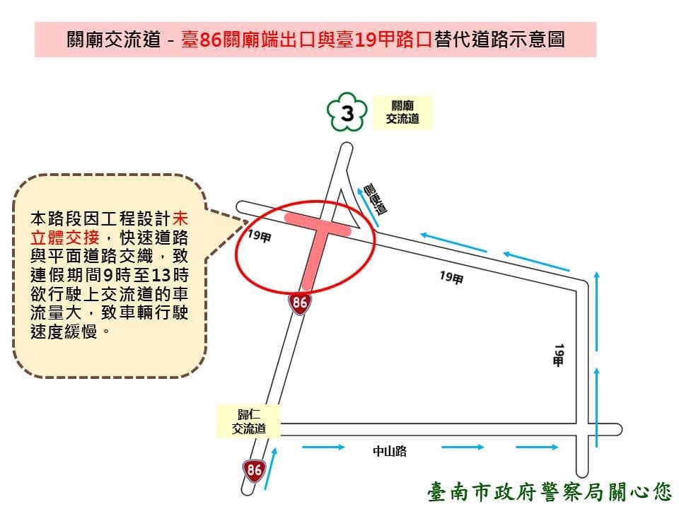 春節假期台南關廟交流道替代道路示意圖