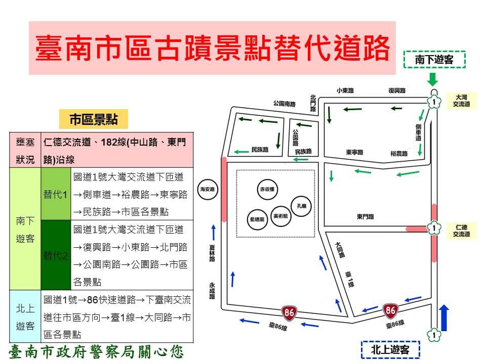 春節假期台南古蹟景點替代道路示意圖