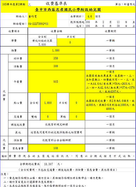 105學年度第二學期收費基準表