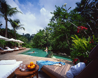 The sculptured pool offers peace by the river