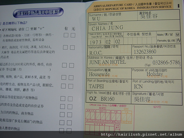 韓國入境表格