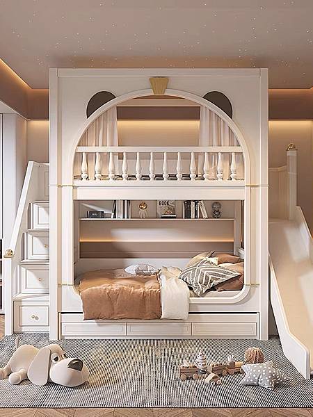 京采傢俱館╭☆～小熊樹屋雙層床．描金輕奢款．白橡木實木+水性