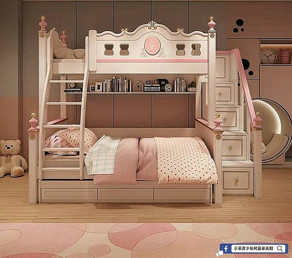 京采傢俱館╭☆～1007雙層床．精緻描金雕花．白橡木實木+水