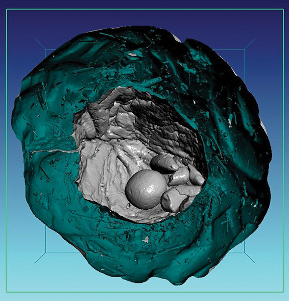 在此圖像中，對粘土球的殼施加了“假色”。掃描20個粘土球後，科學家能夠識別出14個幾何形狀（Credit: Courtesy Oriental Institut