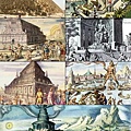 古代世界七大奇蹟，由左至右，由上至下，分別為吉薩大金字塔、空中花園、阿耳忒彌斯神廟、宙斯神像、摩索  拉斯王陵墓、羅得島太陽神銅像及亞歷山大燈塔wikipedia.org