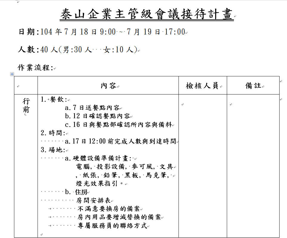 泰山企業主管級會議接待計畫