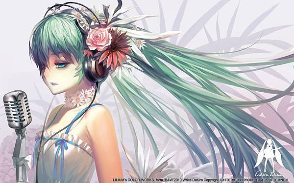 Konachan.com - 89800 alphonse aqua_eyes aqua_hair flowers hatsune_miku headphones long_hair microphone twintails vocaloid