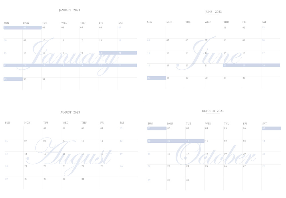 2023年(民國112年)空白行事曆下載，韓系簡約風莫藍迪寶寶藍免費下載PDF檔