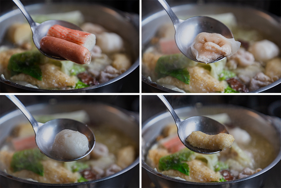 火鍋料特寫，包括蟹肉棒、迷你熱狗、魚餃、魚丸、小黑輪