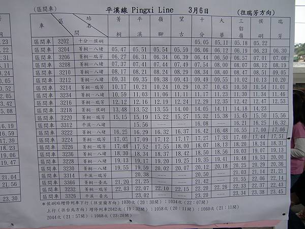 20100306瑞芳車站-平溪天燈專車時刻表
